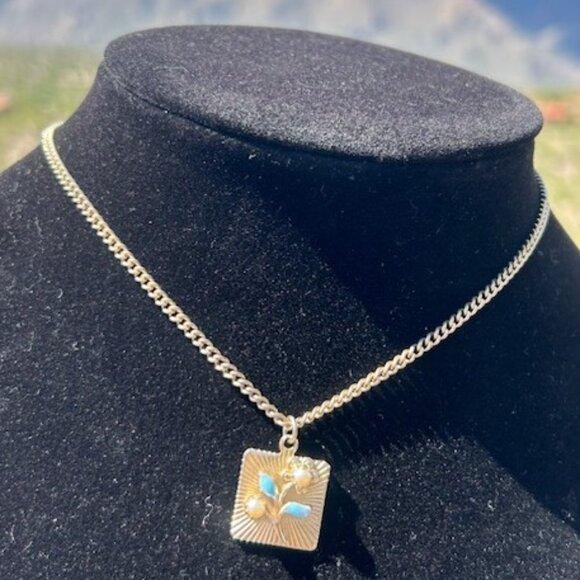 EMMONS Blue Enamel Pearl Flower Gold Choker NECKLACE - Picture 3 of 11